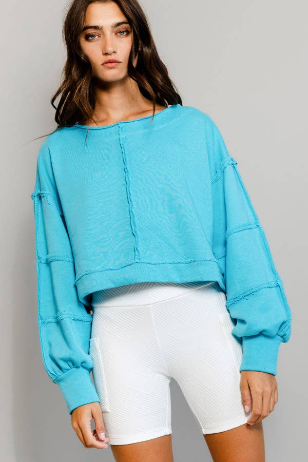 T2170 Raw-edge Detail Solid Terry Crop Pullover Top: Green / S-M-L (2-2-2)