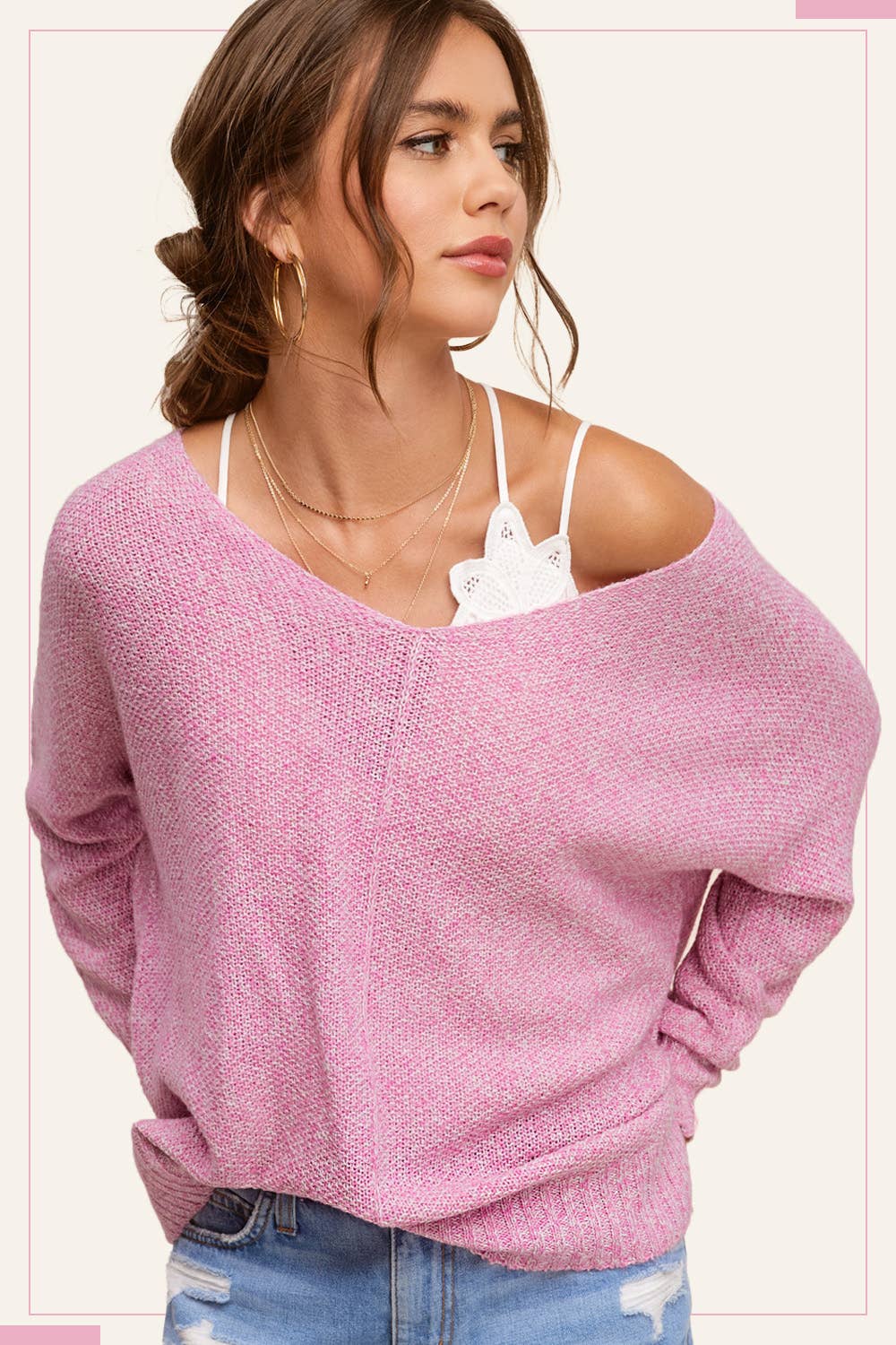 JLS3504-Soft Lightweight Loose Fit Textured Pullover Sweater: Pink Camellia / M