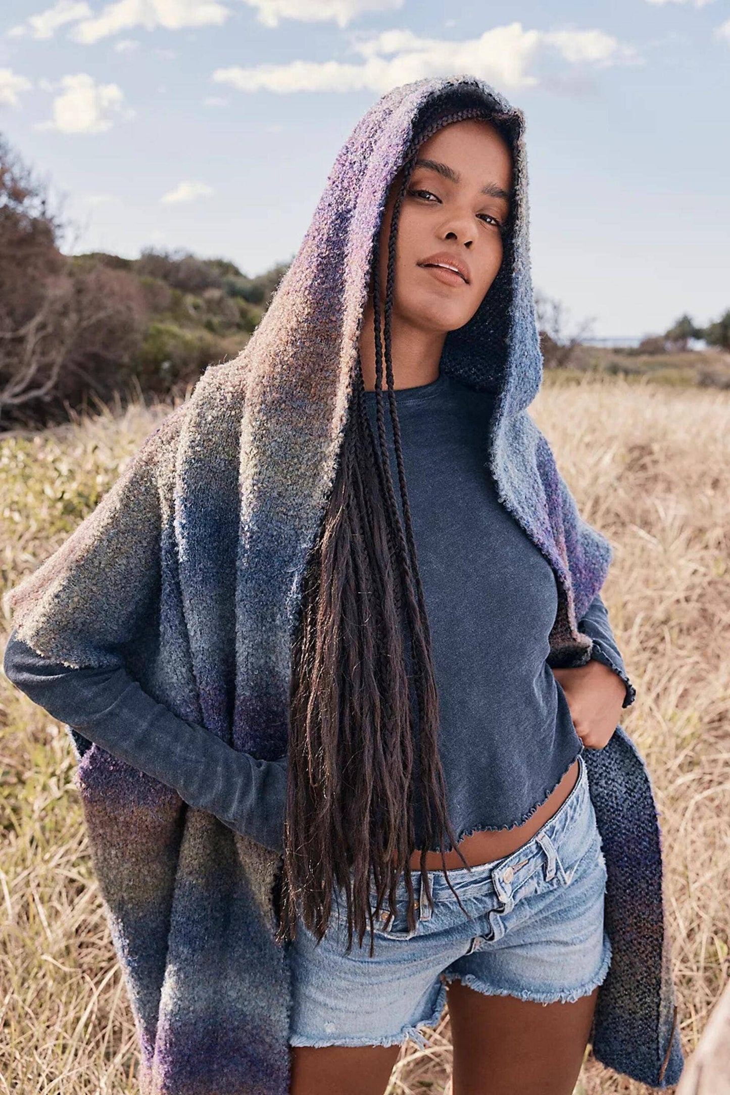 Hooded Kimono Multicolor Gradient : Blue