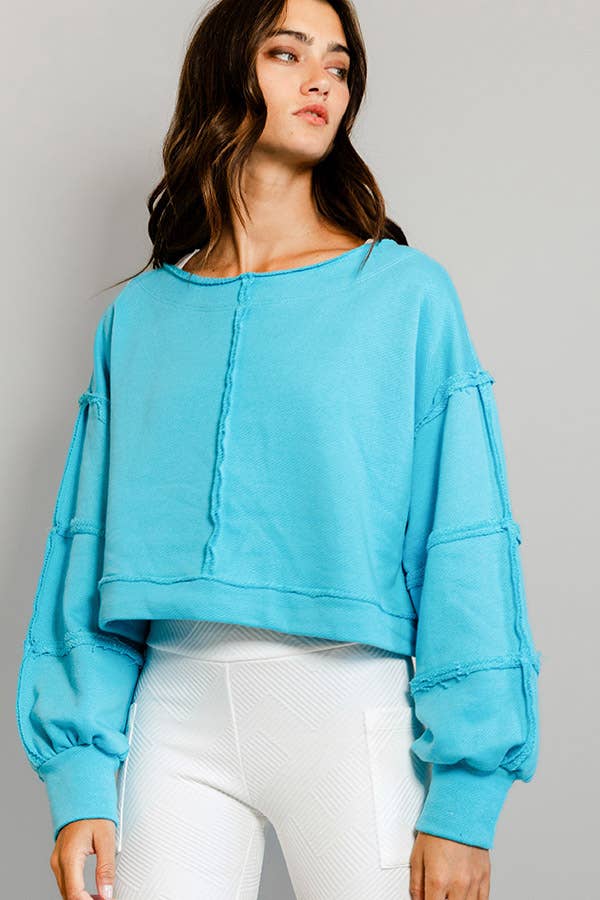 T2170 Raw-edge Detail Solid Terry Crop Pullover Top: Green / S-M-L (2-2-2)