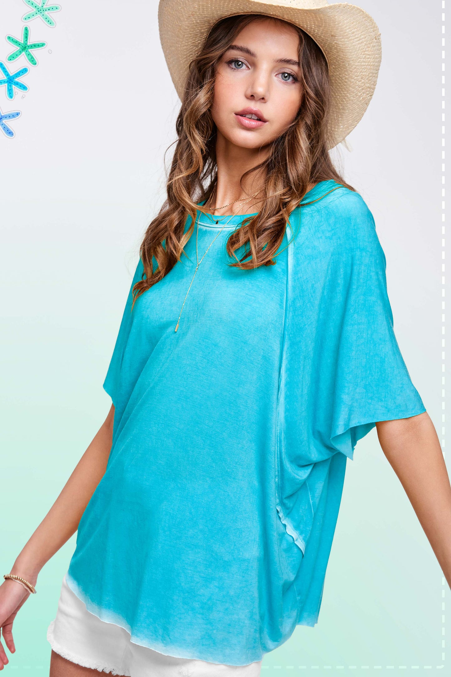 HBT7653-Dyed Fabric Round Neck Batwing Short Sleeve Top: Denim / S