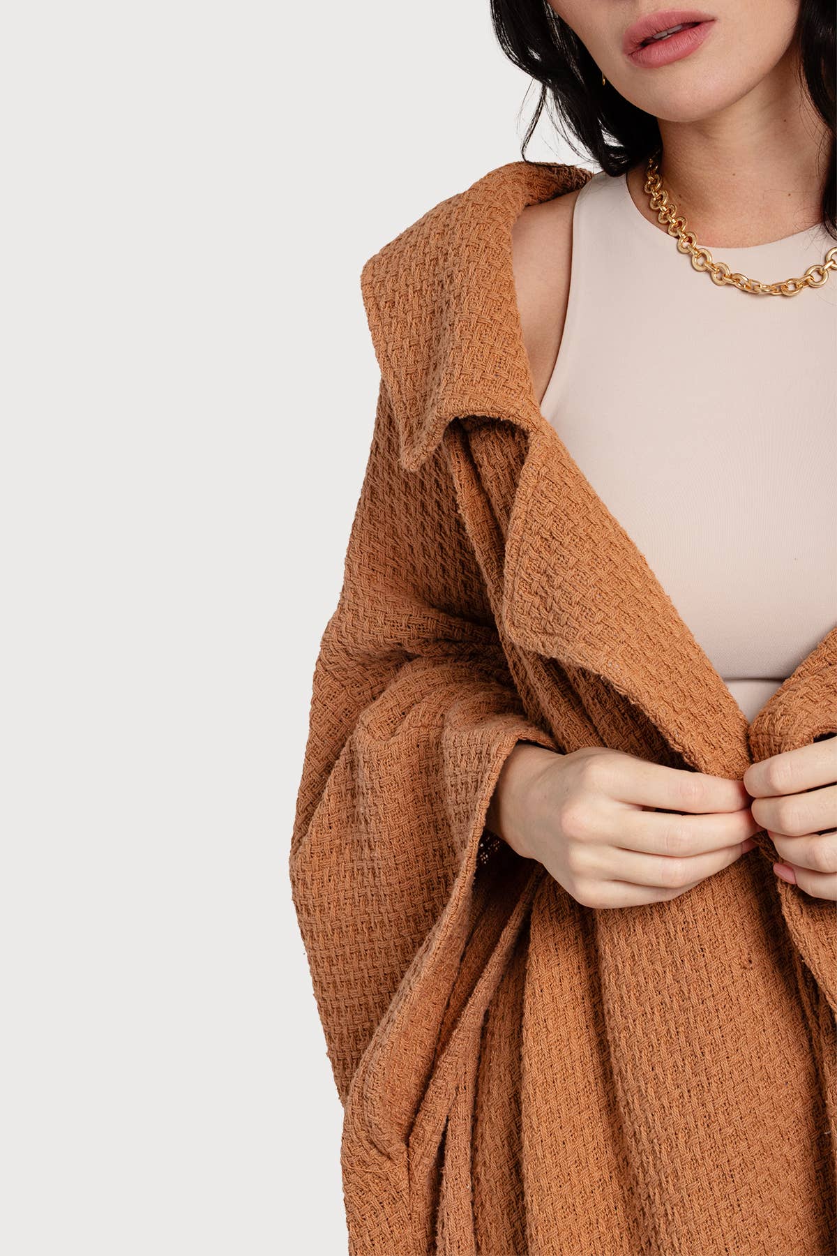 Comfy Oversized Waffle Knit Collared Jacket: Pink