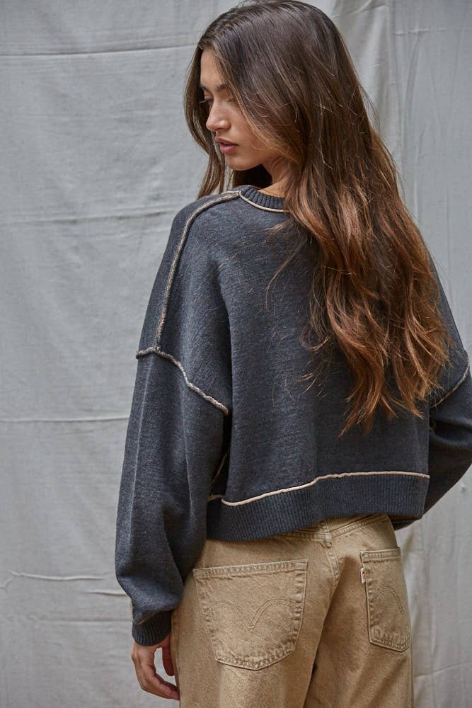 W2099 | Knit Sweater Boat Neck Contrast Seam Pullover Top: Cream / L